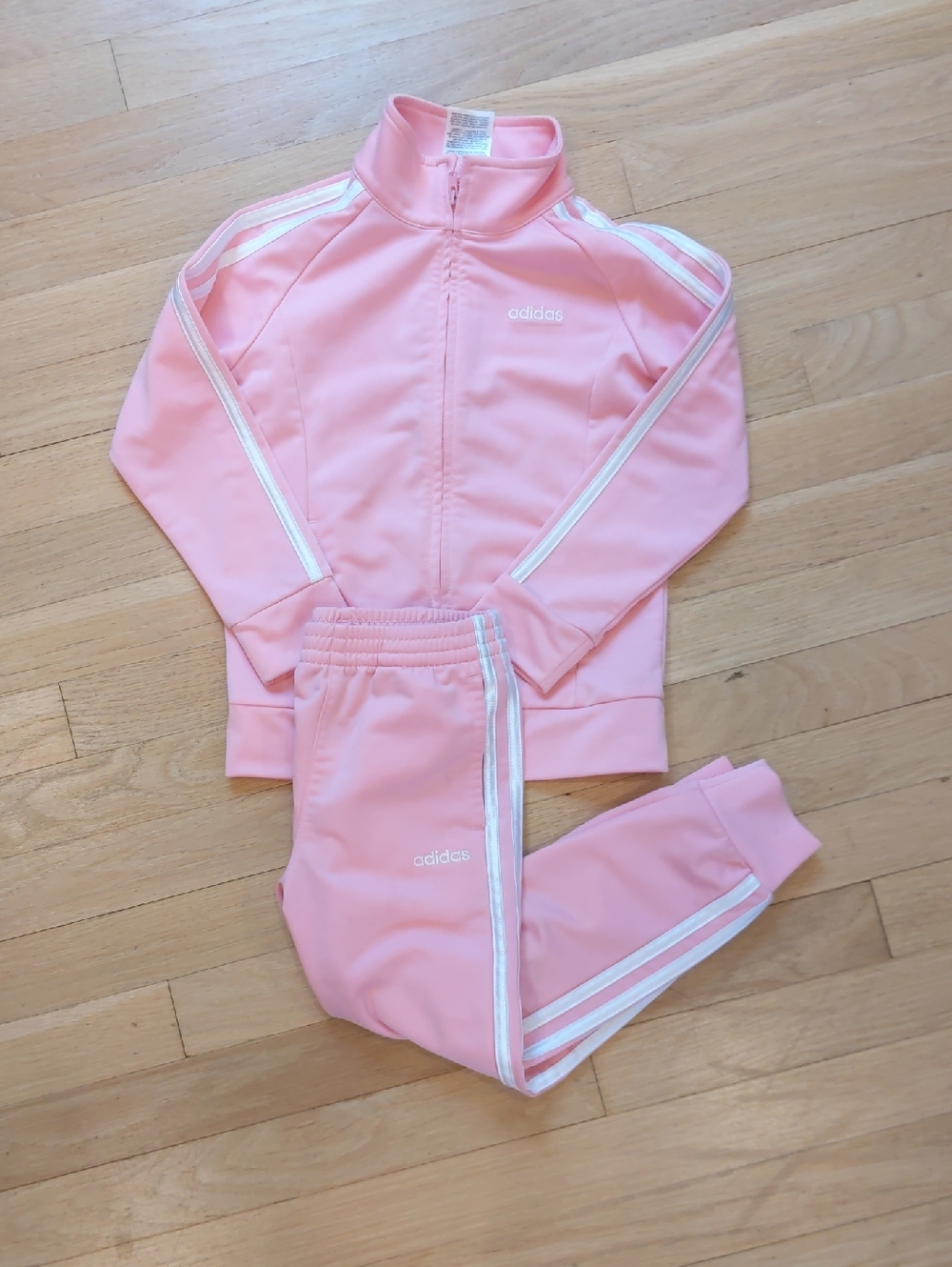adidas Kids Pink Track Jacket and Pants Set with White Stripes